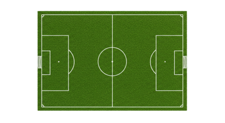 A top down view of a soccer field with white lines and goals on a black background in a digital image