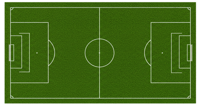 Top down view of a soccer field with white lines marking the boundaries and center circle area layout
