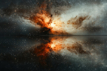 A mesmerizing cosmic nebula reflected in a still, dark space, showcasing vibrant orange and grey hues.