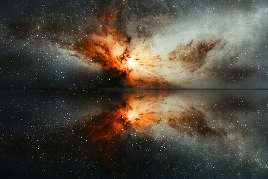 A mesmerizing cosmic nebula reflected in a still, dark space, showcasing vibrant orange and grey hues.