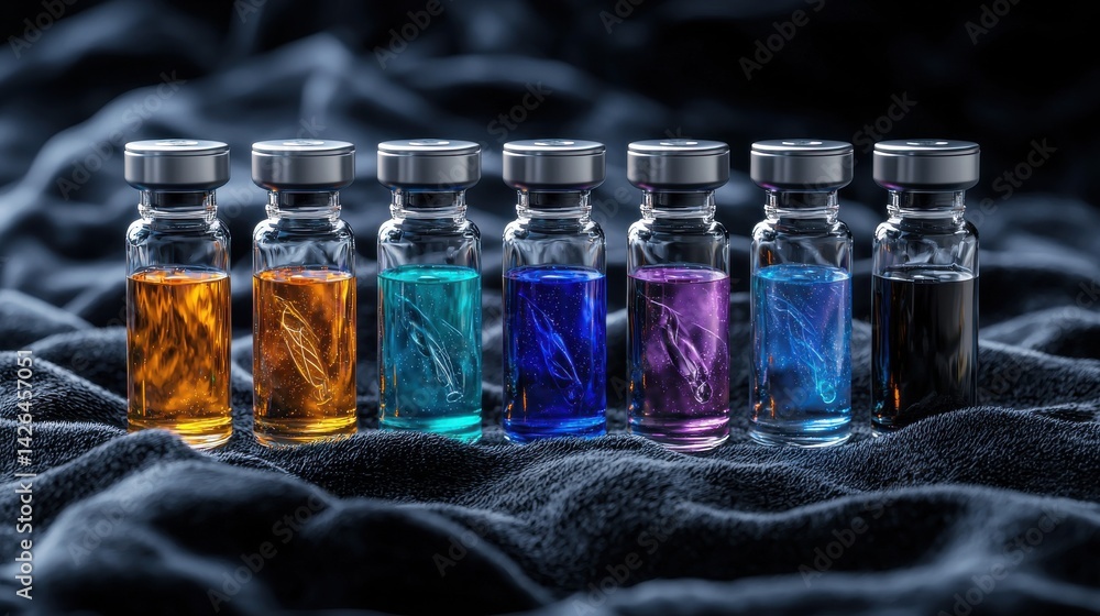 Aufkleber a row of colorful bottles with different colored liquids inside