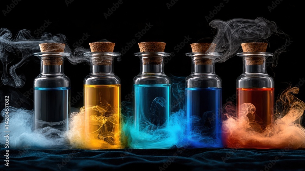 Poster a row of five glass bottles with different colored liquids inside