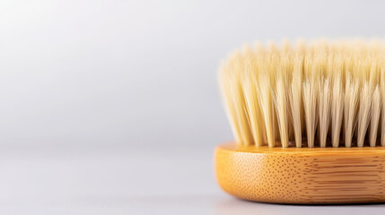 Close up shows a wooden dry brush with natural bristles used for exfoliating and stimulating skin health against a clean light gray background in studio shot.