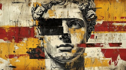 A deconstructed Greek bust, illustrated with raw torn paper textures and bold abstract elements for a contemporary artistic remix