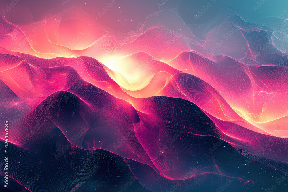 Poster abstract flowing shapes of pink, purple and golden light create an ethereal and dreamy landscape wit