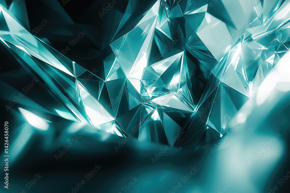 Poster abstract teal crystal structure. sharp geometric shapes, light reflecting and refracting. futuristic
