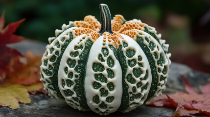 A decorative white and green pumpkin, perfect for adding a seasonal touch to any space.

