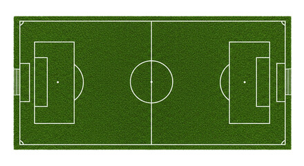 Aerial view of a soccer field with green grass white lines and goal posts in a symmetrical arrangement