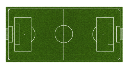 Aerial view of a soccer field with green grass white lines and goal posts in a symmetrical arrangement