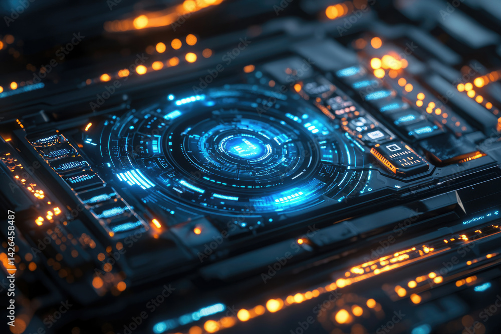 Poster Close-up on futuristic technology featuring a glowing blue circuit board with intricate patterns and orange lights suggesting advanced processing and connectivity.