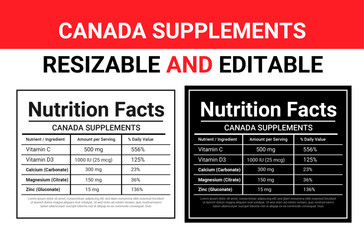 canada supplement label, nutrition facts template, NPN label design, health canada compliant, vitamin label, editable supplement facts, bilingual label, medicinal ingredients, dosage info, printable s