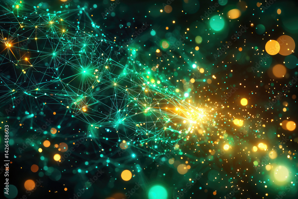 Poster Abstract network of glowing teal lines and nodes, merging into a bright golden burst of light.