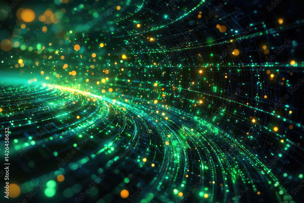 Poster An abstract, glowing network of green and yellow particles creating a futuristic, digital tunnel, suggesting connectivity and data flow.