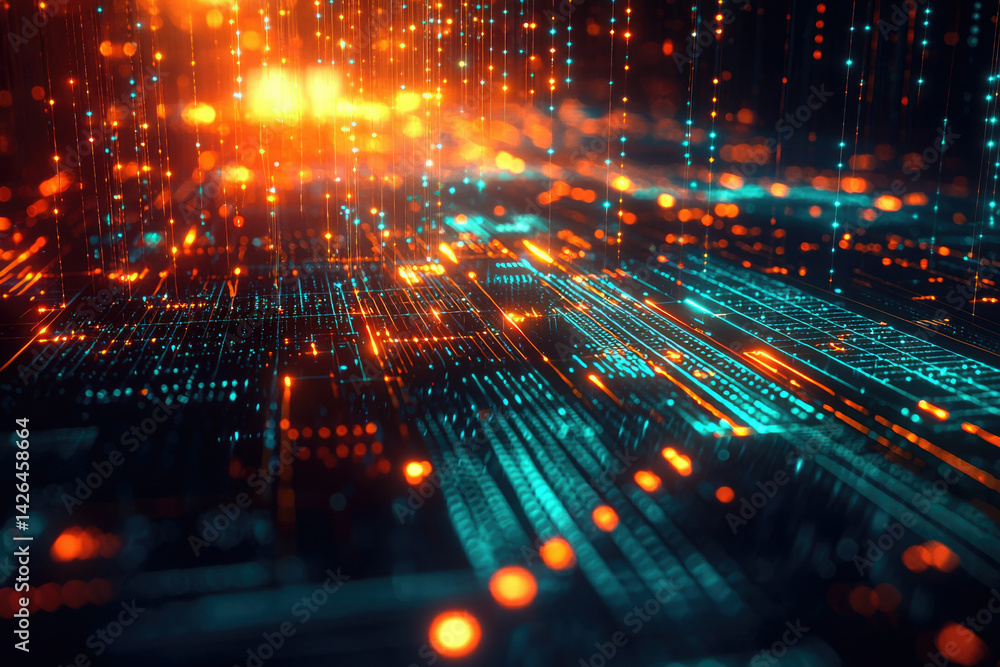 Poster Abstract digital network with glowing lines and data streams, showcasing technology and connectivity in a futuristic design.