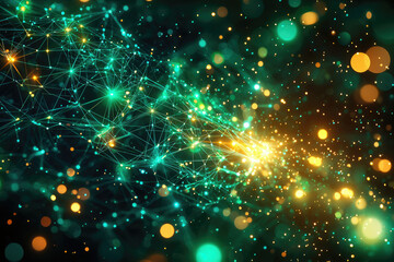 Obraz premium Abstract network of glowing teal lines and nodes, merging into a bright golden burst of light.