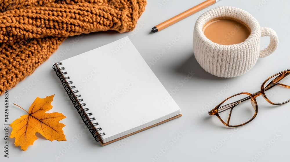 Poster a white notebook sits on a table with a cup of coffee and a leaf