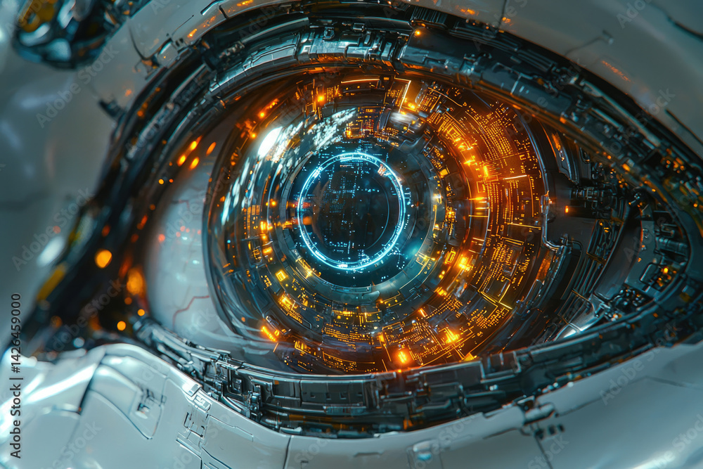 Poster a robotic eye with complex circuitry inside, glowing with orange and blue digital light.