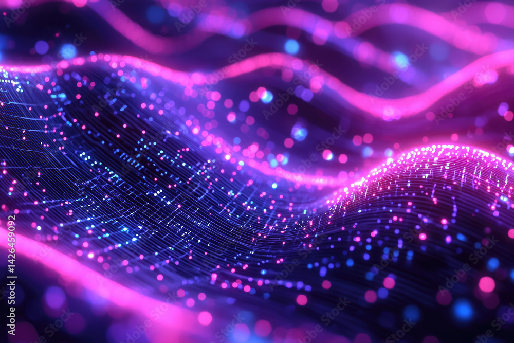 Poster abstract glowing network with pink and blue lights forming waves across a dark background, resemblin