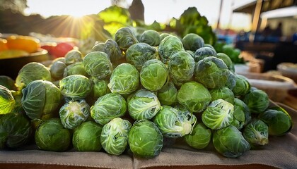 fresh brussels sprouts at a farmers market green leafy vegetables for healthy cooking ideal for food photography farm fresh produce healthy eating and vegetarian cooking concepts