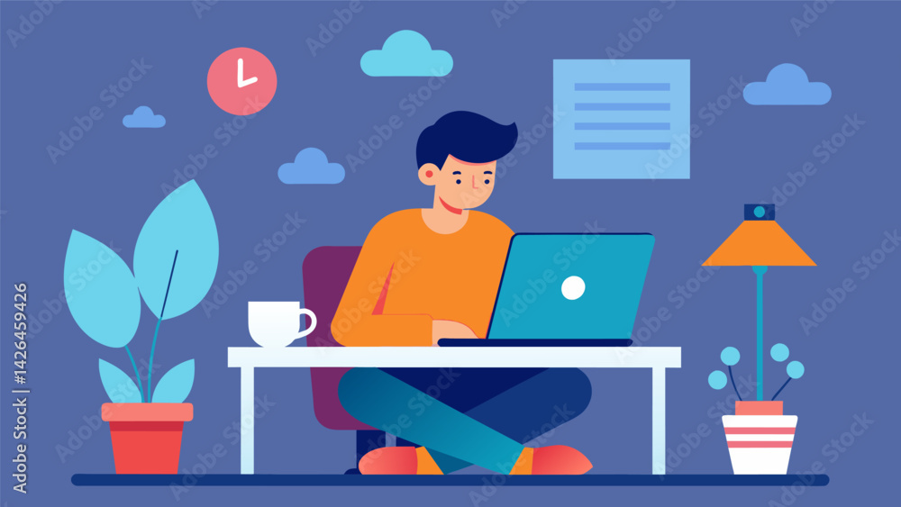 Poster a person sitting in front of a computer working remotely and earning a comfortable income showcasing