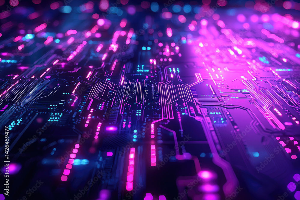 Poster abstract digital circuit board with vibrant pink and blue neon lights illuminating the pathways and 