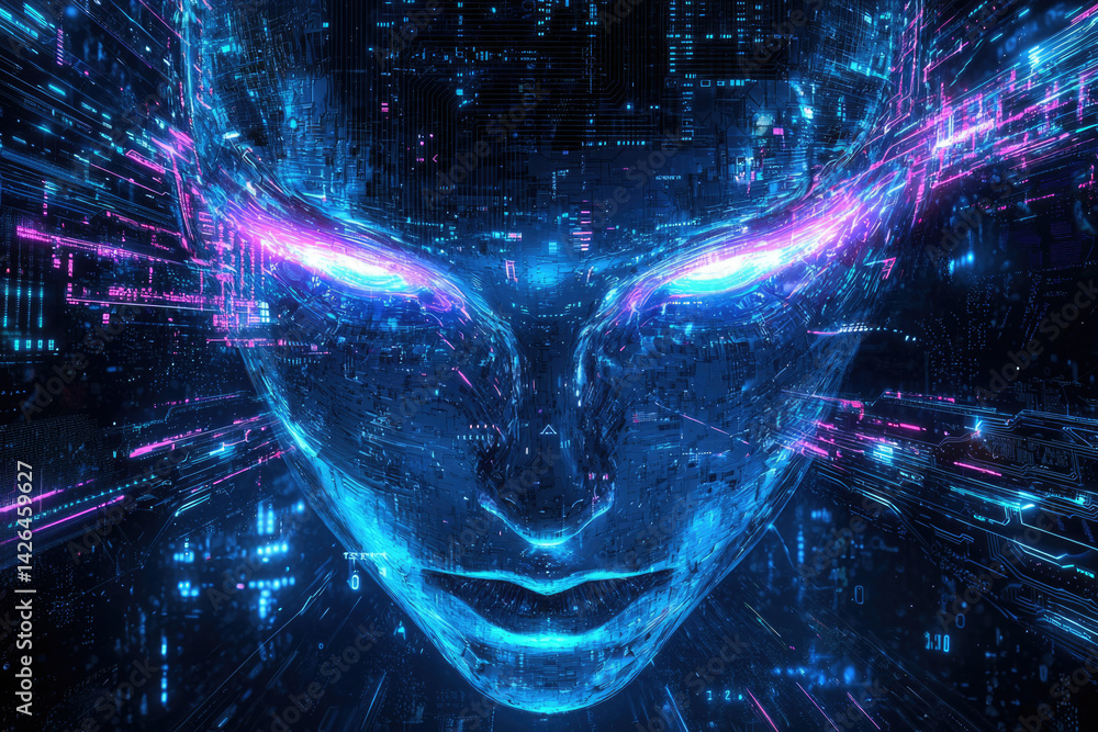 Aufkleber a digital face emerges from circuit boards and neon lights, symbolizing artificial intelligence and 
