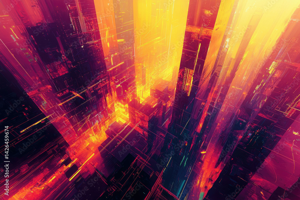 Poster Abstract perspective of a modern cityscape with glowing orange and red hues, emphasizing architectural lines and geometric forms.