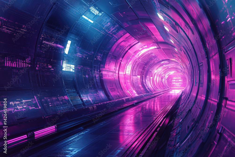 Poster Futuristic tunnel illuminated with neon purple and blue lights, creating a mesmerizing sci-fi ambiance and depth.