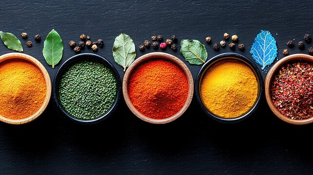 Colorful Spice Bowls in Radial Layout on Dark Background