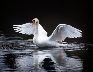 elegant white swan gracefully spreading its wings on a calm black water surface showcasing reflection and beauty in nature