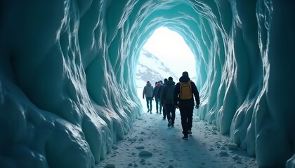 Group exploring a glowing blue ice cave tunnel representing adventure and discovery against a bright exit light