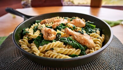 juicy chicken pieces mingle with fresh spinach and pasta creating a delicious homemade skillet meal perfect for any dinner