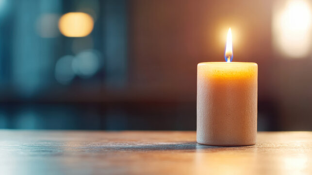 A single lit wax candle glows warmly on a wooden surface casting soft light in a dimly lit room creating a peaceful and contemplative atmosphere indoors.