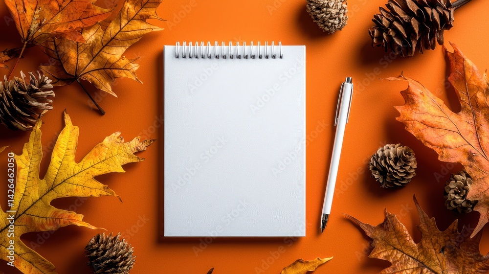 Poster a notebook and pen are on a table with autumn leaves and pine cones