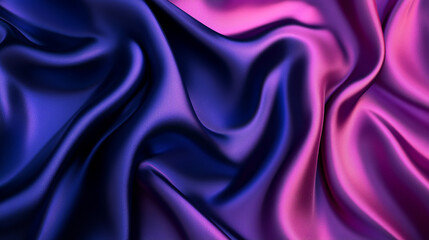 Fototapeta premium Luxurious dark blue, purple, and pink silk satin fabric with a smooth, flowing texture. Elegant abstract background featuring a soft color gradient and silky, glossy folds.