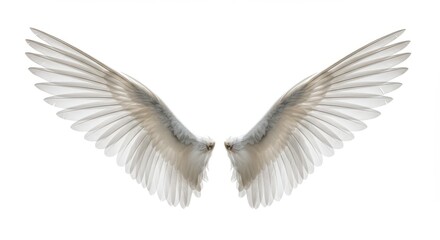 Obraz premium Pair of fully extended white bird wings dominates the frame, set against a transparent or white background