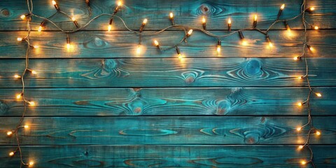 Naklejka premium Warm string lights adorn rustic teal wood planks