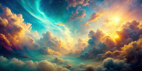 Fototapeta premium A breathtaking view of a vibrant and colorful celestial landscape, showcasing a dramatic interplay of light and shadow among fluffy clouds and a radiant sun