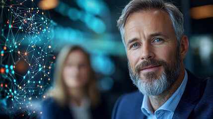 Financial consultant presenting blockchain solutions modern office professional portrait digital environment engaging viewpoint innovation in finance