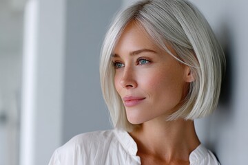 A stunning portrait of a woman with silver hair, featuring a soft expression. This image captures beauty, elegance, and a sense of modern charm in a serene setting.