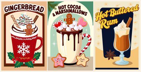 Winter Cocktails retro poster set. Gingerbread Hot cocoa, Hot Buttered Rum. Holidays hot drinks. Vintage style vector illustrations, bar, pub, restaurant, kitchen wall art print