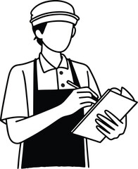 Cafe employee taking order. Young man waiter in uniform listening and writing notes. Colored flat vector illustration isolated on white background