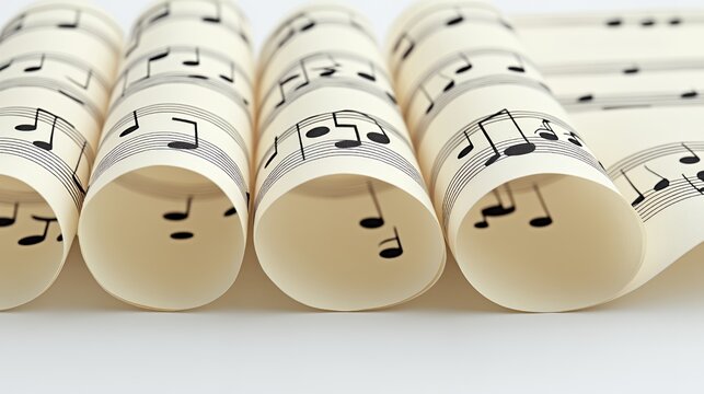 Close-up of rolled music sheets with musical notes for an artistic composition.