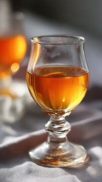 Elegant glass of amber brandy on sunlit white tablecloth Ethiopian tej honey wine