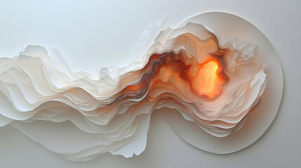 Layered paper art with warm hues Circular forms with a bright glowing core against a white background