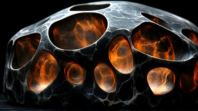 Abstract structure with orange glowing hollows encased in cracked stone texture in the dark close-up view