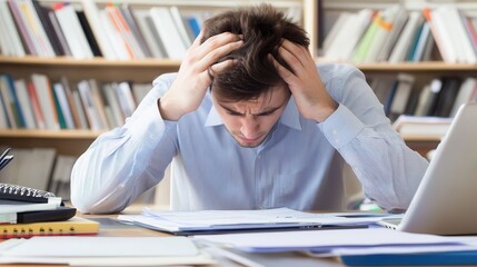 Stressed male entrepreneur sitting at desk while having a headache