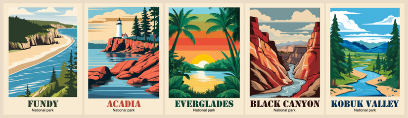 Fototapeta premium Сollection of posters featuring various national parks. Fundi, Acadia, Black Canyon, Kobuk Valley, Everglades landscapes vector art illustrations