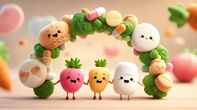 cute pastel vegetables and sweets characters in kawaii arch arrangement,kawaii veggie dessert friends
pastel food arch cuteness happy character lineup in pastel style.