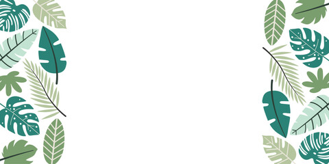 Colorful tropical leaf border in flat style on white background. Modern vector frame with jungle foliage. Perfect for posters, invitations, summer cards, eco design, and nature-themed projects.